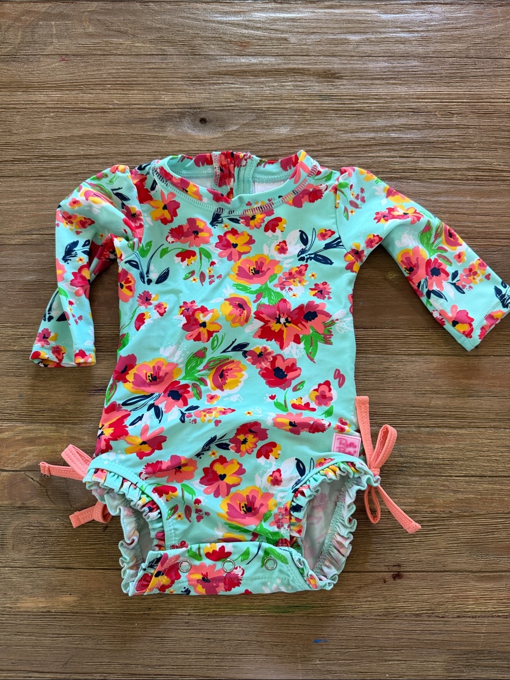 Ruffle Butts Mint Floral Long-Sleeve Kids Swim Rashguard